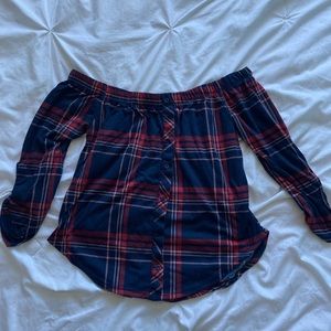 off the shoulder blue and red medium plaid flannel top💙❤️